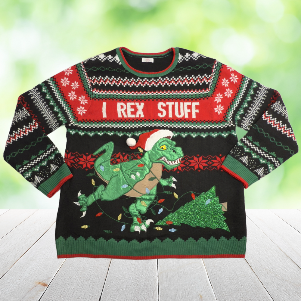 HOLIDAY TIME Funny Christmas Sweater T Rex Dinosaur Ugly Xmas Novelty Mens 2XL